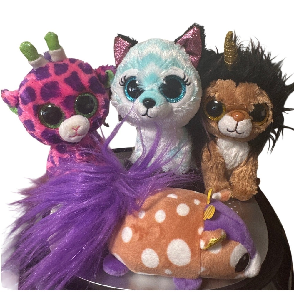 Ty Beanie Boos Plush Lot of 4 Gilbert Giraffe Atlas Fox Ramsey Lion Fuzzee Tails